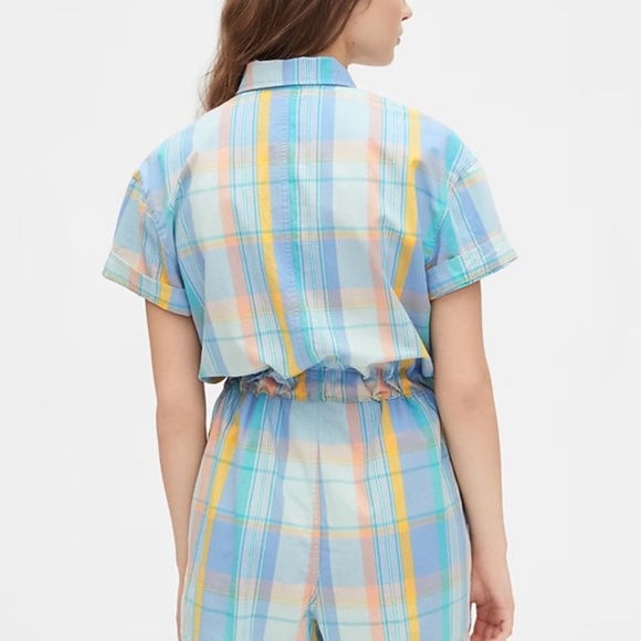 Gap Sz 14 Short Sleeve Plaid Romper Drawstring Waist Pockets Button Down - Picture 3 of 14